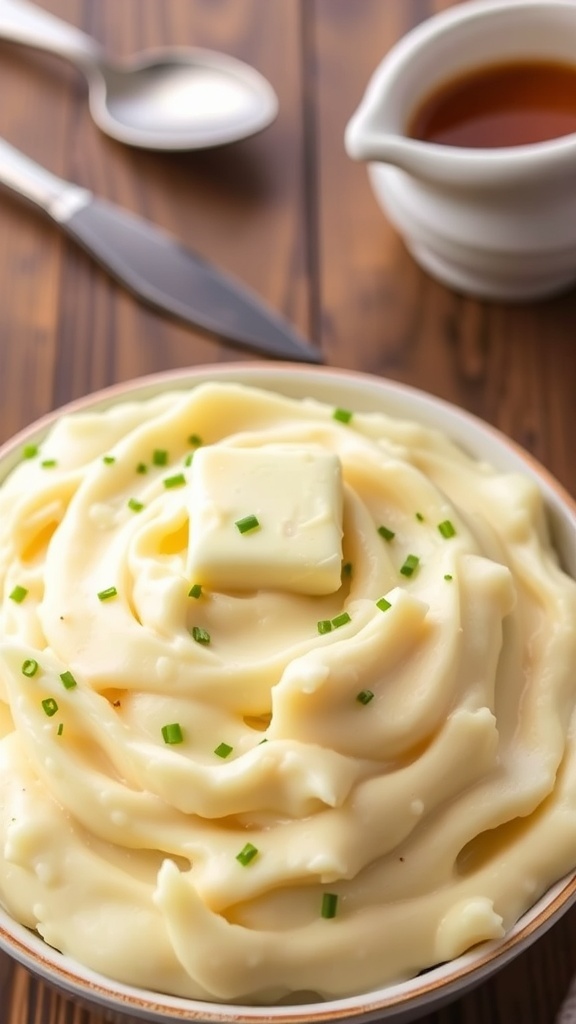 A bowl of creamy mashed potatoes with butter and chives, served with gravy on a rustic table.